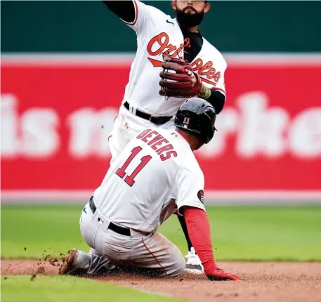  ?? AP ?? TIME TO DUCK: Rafael Devers slides into second base as the Orioles attempt to turn a double play during the Red Sox’ 9-5 loss on Sunday.