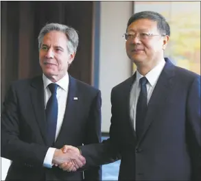  ?? AP pool photo ?? U.S. Secretary of State Antony Blinken (left), meets with Shanghai Party Secretary Chen Jining at the Grand Halls on Thursday, in Shanghai, China.