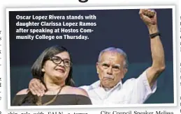  ??  ?? Oscar Lopez Rivera stands with daughter Clarissa Lopez Ramos after speaking at Hostos Community College on Thursday.