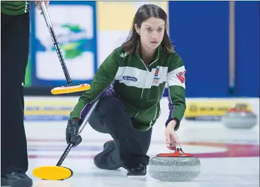  ?? Canadian Press photo ?? Prince Edward Island skip Suzanne Birt releases a rock as they play Team Canada at the Scotties Tournament of Hearts at Centre 200 in Sydney, N.S. on Monday.