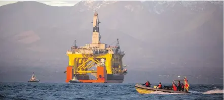  ?? — AP FILES ?? A drilling unit that Royal Dutch Shell leases from Transocean arrives in Port Angeles, Wash., on its way to the Arctic. The federal government is banning most Arctic offshore oil and gas drilling.