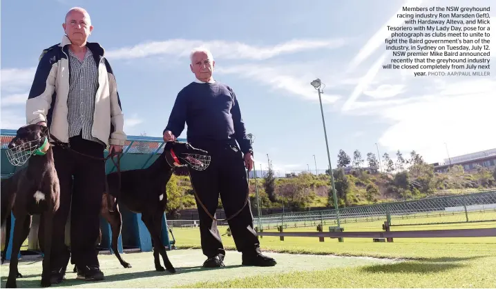  ?? PHOTO: AAP/PAUL MILLER ?? Members of the NSW greyhound racing industry Ron Marsden (left), with Hardaway Alteva, and Mick Tesoriero with My Lady Day, pose for a photograph as clubs meet to unite to fight the Baird government’s ban of the industry, in Sydney on Tuesday, July 12....