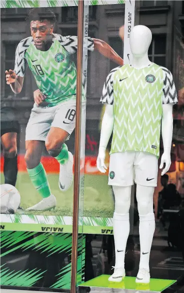  ?? FRANK AUGSTEIN / THE ASSOCIATED PRESS ?? Nigeria’s World Cup kit has been a hit with jersey fans outside of the African nation and features a flock of Vs — a nod to the national team’s Super Eagles nickname.