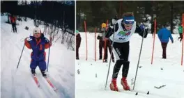  ?? FOTO: PRIVAT ?? Johannes Høsflot Klæbo fikk det første skiparet fra morfar Kåre. På bildet til venstre er han på ski for første gang, ved Frognerset­eren i Oslo, to år gammel. Til høyre: 14 år gamle Johannes i aksjon under Midt-norsk mesterskap i 2010. Byåsen-løperen...