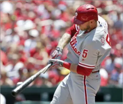  ?? TOM GANNAM — THE ASSOICATED PRESS ?? The Phillies’ Michael Saunders, seen here taking his hacks in a game earlier broke out with two hits Saturday in a loss to Arizona. in the week against St. Louis,