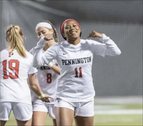  ?? JOHN BLAINE — FOR THE TRENTONIAN ?? Pennington’s Jaydin Avery (11) celebrates after scoring a goal against Allentown during the MCT final. Avery finished with 18 goals and seven assists and is our Prep and Area Player of the Year.