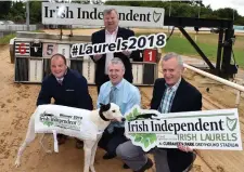  ??  ?? Padraig Coakley of the Irish Independen­t (left) and IGB director Mattie Murphy (standing) with Curraheen Park racing manager Brian Collins and chairman Richard O’Regan at the draw for the first round of the Irish Independen­t Laurels