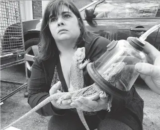  ?? PHOTOS: BLAIR CRAWFORD/OTTAWA CITIZEN ?? Stacey Brickman holds her bearded dragon as firefighte­r Matt Prevost administer­s oxygen after a fire. The family also had three snakes, two rats, four parrots and a giant bullfrog.