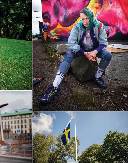  ?? Bild: RASMUS FORSGREN, FRIDA WINTER OCH THOMAS JOHANSSON ?? i Vasaparken. Till höger Carolina Falkholt framför sin målning på Ringön, innan den vandaliser­ades. Nederst Anna