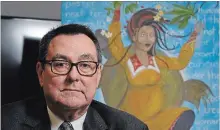  ?? JOHN RENNISON THE HAMILTON SPECTATOR ?? Justice Gethin Edward, the great-great-great-great-grandson of Mohawk chief Joseph Brant, sits in front of Sky Woman, a painting donated by the Niagara Chapter of Native Women Inc.