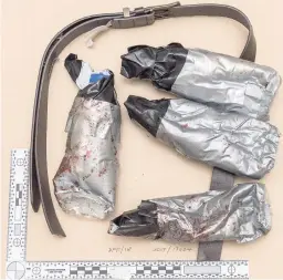  ??  ?? An undated handout photo issued by the Metropolit­an Police, London, and made available on Sunday, of a fake suicide belt worn by one of the London Bridge attackers in the attacks of June 3, which killed several people and wounded dozens more.