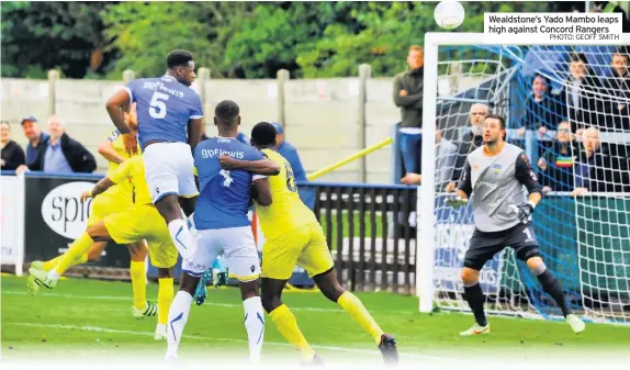  ?? PHOTO: GEOFF SMITH ?? Wealdstone’s Yado Mambo leaps high against Concord Rangers