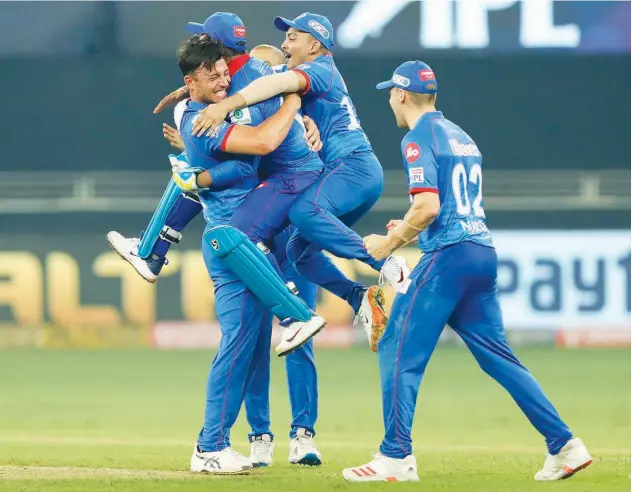  ?? Courtesy: Twiiter ?? ↑
Delhi Capitals players celebrate after their victory over Kings XI Punjab in their IPL match on Sunday.