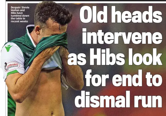  ??  ?? Despair: Stevie Mallan and Hibs have tumbled down the table in recent weeks