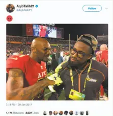 ??  ?? Raiders punter Marquette King avoided the media early in his career but has embraced posting about himself on social media. In a screen grab from Aqib Talib’s Twitter account, the Broncos safety jokingly takes the chain off King’s neck.