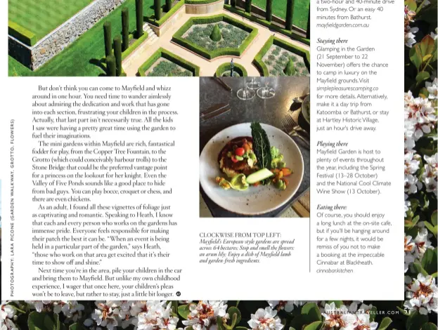  ??  ?? CLOCKWISE FROM TOP LEFT: Mayfield’s European-style gardens are spread across 64 hectares; Stop and smell the flowers: an arum lily; Enjoy a dish of Mayfield lamb and garden-fresh ingredient­s.