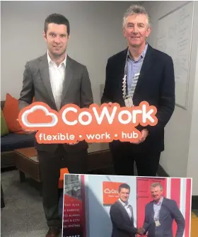  ??  ?? Brian Carey inside (above) and outside the new CoWork premises at O’Brian St, Mallow, with Mallow Chamber president Pat Hayes