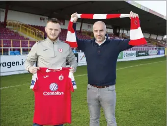  ??  ?? New signing David Cawley with manager Ger Lyttle. Pic: Donal Hackett.