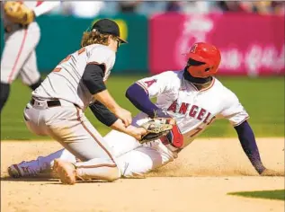  ?? Ashley Landis Associated Press ?? THE ANGELS’ Jo Adell is tagged out by Orioles shortstop Gunnar Henderson to end the game Wednesday. The call was challenged but it was upheld to close the Angels’ 15th loss of the season.