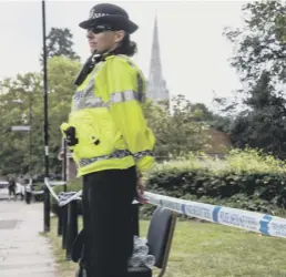  ??  ?? 0 Officers on duty at the house where the victims were taken ill, top, and at a park in Salisbury; Home Secretary Sajid Javid says the risk to the public remains low