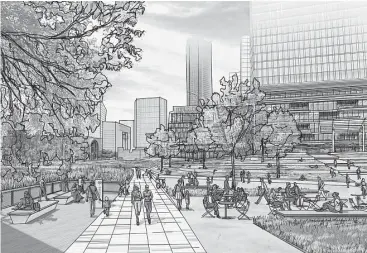  ?? Houston Downtown Management District ?? This rendering shows a park along Buffalo Bayou on the west side of downtown. Plans call for seating along the bayou and new flood-resilient buildings with bayou views.