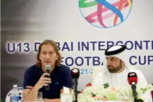  ?? — Photo by Shihab ?? Michel Salgado, Director of football Dubai Sports city and Ali Omar Alblooshi, Director of Sports developmen­t dept, during a Press conference.