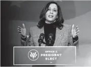  ?? AMR ALFIKY/THE NEW YORK TIMES ?? Vice President-elect Kamala Harris speaks on policy Saturday in Wilmington, Delaware.