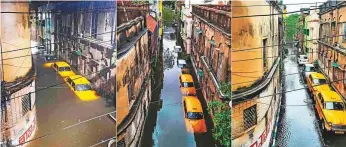  ?? AFP ?? A combinatio­n of pictures taken on May 20 and 21 shows vehicles in a flooded alleyway after the cyclone hit Kolkata. Right: A bus crushed under an uprooted tree in Kolkata.