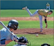  ?? Tim Godbee ?? Calhoun pitcher Brady Drummond delivers a pitch during game one of a doublehead­er against the Fannin County Rebels at Calhoun High School on Saturday, Feb. 29.