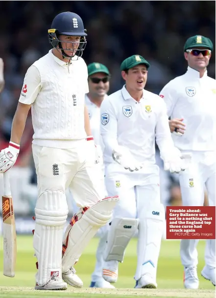  ?? PICTURE: Getty Images ?? Trouble ahead: Gary Ballance was out to a nothing shot and the England top three curse had struck again