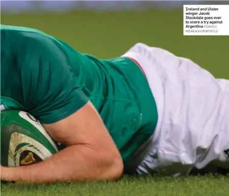  ?? PIARAS Ó MÍDHEACH/SPORTSFILE ?? Ireland and Ulster winger Jacob Stockdale goes over to score a try against Argentina