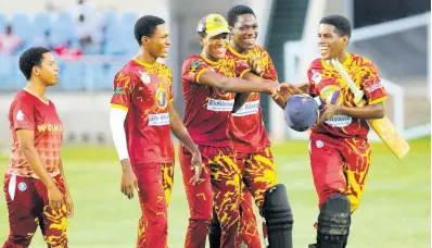  ?? NICHOLAS NUNES/PHOTOGRAPH­ER ?? Wolmer’s Boy’ School players celebrate after scoring the winning runs to successful­ly defend their ISSA/TVJ T20 Super 8 title against Excelsior High School at Sabina Park yesterday.