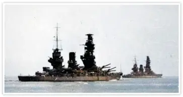  ?? ?? Photograph of battleship­s Fuso (foreground) and Admiral Nishimura’s flagship Yamashiro, probably taken from the heavy cruiser Mogami