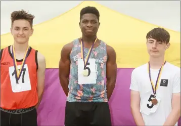  ??  ?? Under-16 boys’ 200m medal winners (from left): Darra Casey, Castlebrid­ge/Crossabeg (second), Festy Ebosele, Enniscorth­y (first), Oisín O’Dwyer, Enniscorth­y (third).