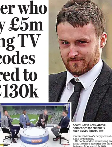  ??  ?? Scam: Gavin Gray, above, sold codes for channels such as Sky Sports, left
