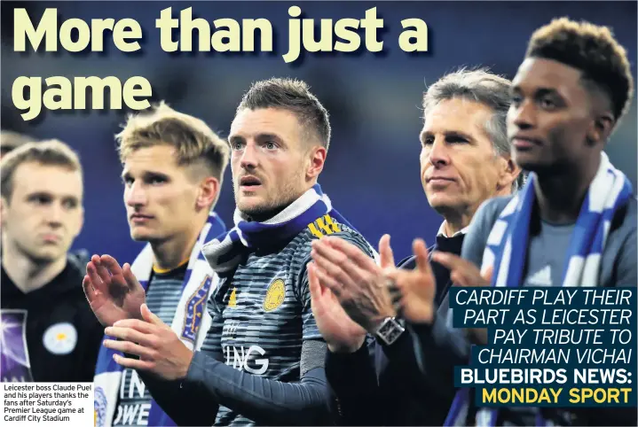  ??  ?? Leicester boss Claude Puel and his players thanks the fans after Saturday’s Premier League game at Cardiff City Stadium