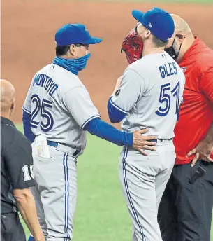  ?? CHRIS O'MEARA THE ASSOCIATED PRESS ?? After some early warning signs in the ninth inning, Jays closer Ken Giles got the hook from manager Charlie Montoyo and was diagnosed with elbow soreness.