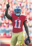  ?? Icon Sportswire via Getty Images ?? Marquise Goodwin has 14 receptions for 205 yards in two games with Jimmy Garoppolo at quarterbac­k.