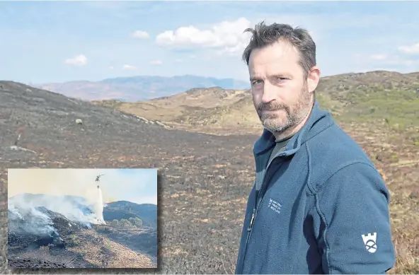  ?? ?? SCENE OF DESTRUCTIO­N: Will Boyd-Wallis surveys the damage at Balmacara Estate. A helicopter was called in (inset) to help put out a huge blaze.