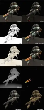  ??  ?? Mikalai’s render passes, including key passes for Zdepth, AO and reflection­s. The sword edge was created in Substance Designer