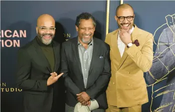  ?? CHRIS PIZZELLO/AP 2023 ?? Jeffrey Wright, from left, Percival Everett and Cord Jefferson attend a screening of “American Fiction.”