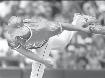  ?? Chris Carlson Associated Press ?? STARTING RIGHT-HANDED PITCHER Garrett Richards, shown during the first inning of a spring baseball game in Tempe, Ariz., limited the Dodgers to two hits during a four-inning outing for the Angels.