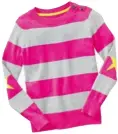  ??  ?? Girls’ pink-and-grey-striped sweater with yellow elbow patches, $32.95, from Gap Kids, gapcanada.ca.