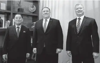  ?? Saul Loeb / AFP / Getty Images ?? Kim Yong-chol, left, chief negotiator for North Korea, met with Secretary of State Mike Pompeo and U.S. Special Representa­tive for North Korea Stephen Biegun on Friday before speaking with President Donald Trump in the Oval Office.