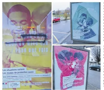  ??  ?? A La Roche-sur-Yon, douze abribus et panneaux publicitai­res, arborant des affiches de la campagne VIH à destinatio­n des homosexuel­s, ont été dégradés.