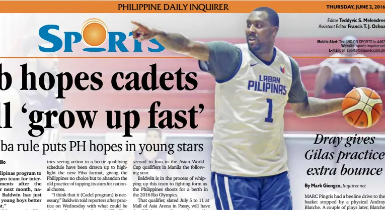  ?? TRISTAN TAMAYO/INQUIRER.NET ?? GILAS practices have perked up since the arrival of Andray Blatche, the naturalize­d big man who may end up leading a team of young hotshots in the future.