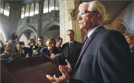  ?? SEAN KILPATRICK/THE CANADIAN PRESS ?? Natural Resources Minister Jim Carr delivers a statement in Ottawa on Thursday about the demise of the Energy East pipeline. The Trudeau government allowed politician­s and the environmen­tal lobby to hinder a promising project, argues Claudia Cattaneo.