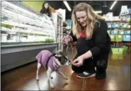  ?? ANNIE RICE — THE ASSOCIATED PRESS ?? AdreAnne Tesene plays with her dog, Sassy, at her store, Two Bostons Pet Boutique, Wednesday in Naperville, Ill.