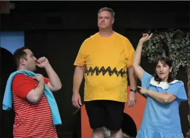  ?? ERIC BONZAR — THE MORNING JOURNAL ?? Performers for Amherst’s Workshop Players Theater rehearse a scene from You’re a Good Man, Charlie Brown, Sept. 12. Pictured, from left, are: Matt Cuffari, 31, of Lorain as Linus; Kevin Cline, 43, of North Ridgeville as Charlie Brown and Alicia Fogal,...