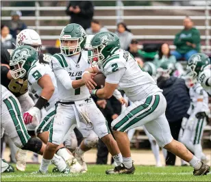  ?? RAUL EBIO — HERALD CORRESPOND­ENT ?? Alisal quarterbac­k Santiago Chaidez hands off to Damion Gonzales for a short gain against Scotts Valley during the teams' CCS Division III semifinal.